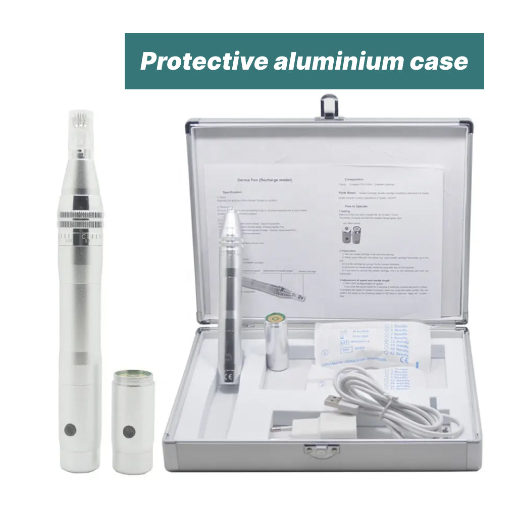 Derma Glow microneedling pen power button and speed settings