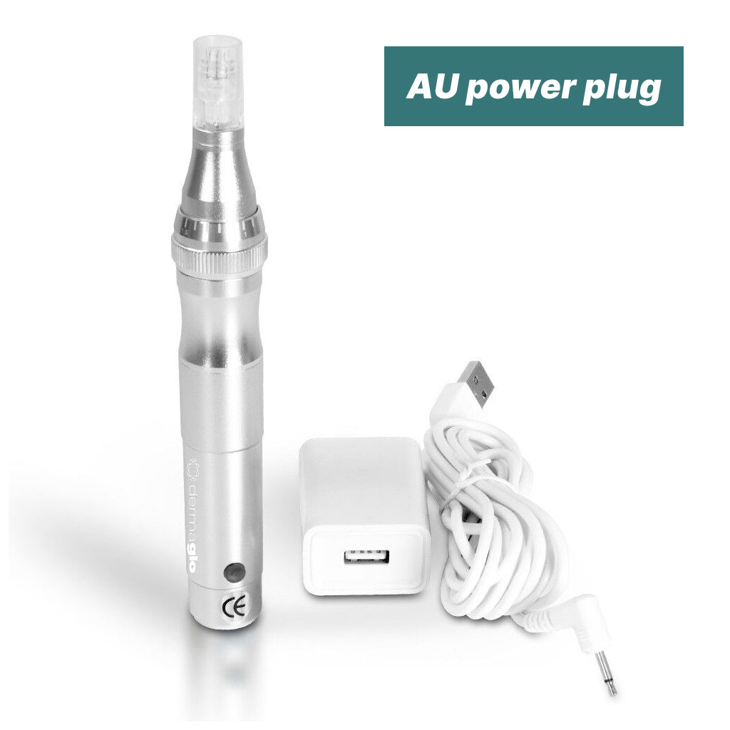 Derma Glow Dermapen kit contents including pen, cartridges and spare battery