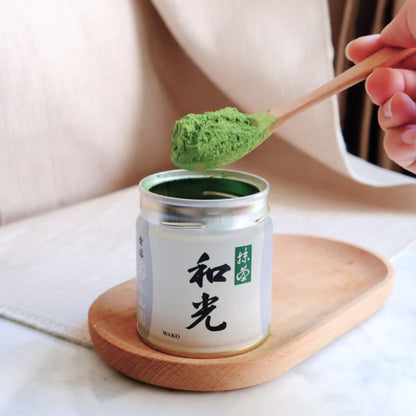 Marukyu Koyamaen Wako matcha tin with lid open showing green powder