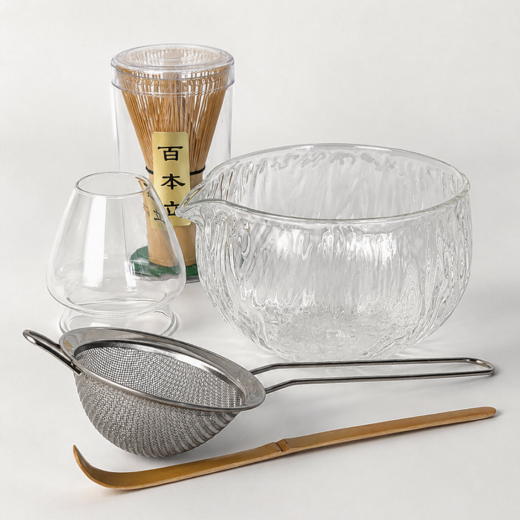 5-piece Matcha Tea Set (Glass Bowl, Whisk, Stand, Scoop, Strainer)