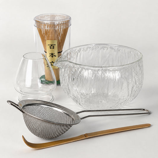 5-piece Matcha Tea Set (Glass Bowl, Whisk, Stand, Scoop, Strainer)